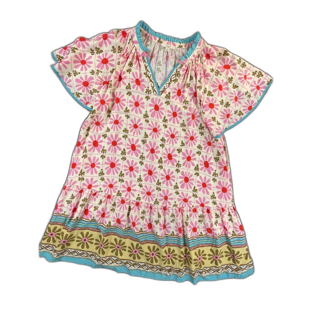 Easel Mixed Floral Geometric Tiered Shift Dress Large Pink Festival Peasant Boho